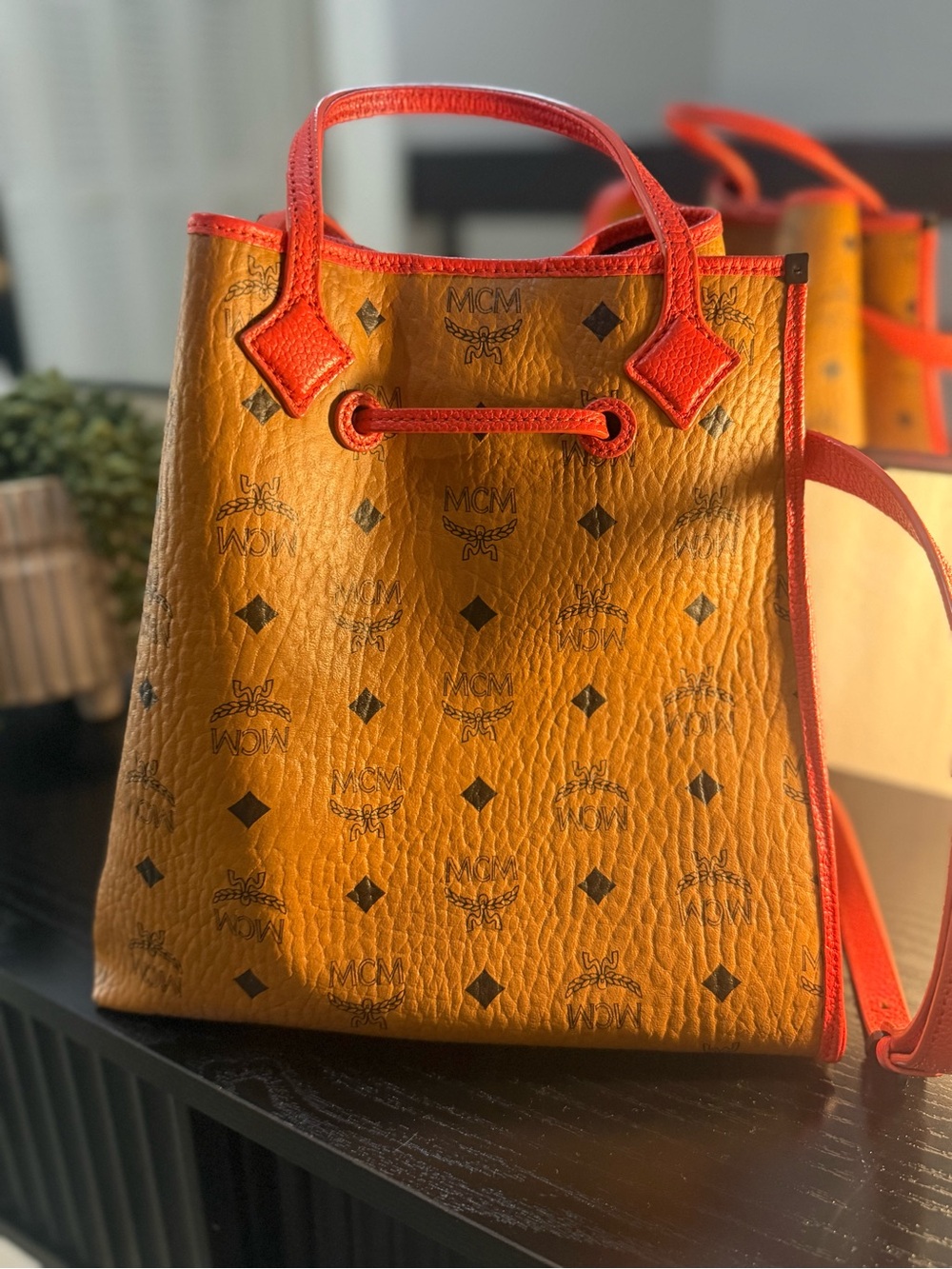 MCM Cognac Visetos Bucket Bag with Red Trim - Picture 6 of 10